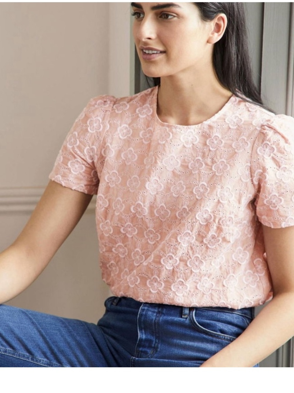 Boden Broderie Pink Puff Sleeve 100% Cotton Floral Eyelet Top Sz 16/18